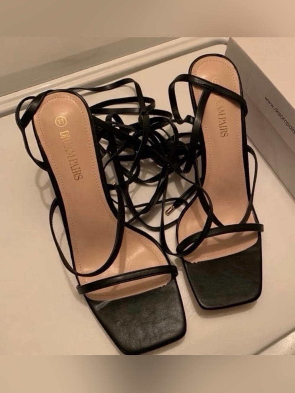 Dream Pairs Black Strappy Lace-Up Square Toe Heels